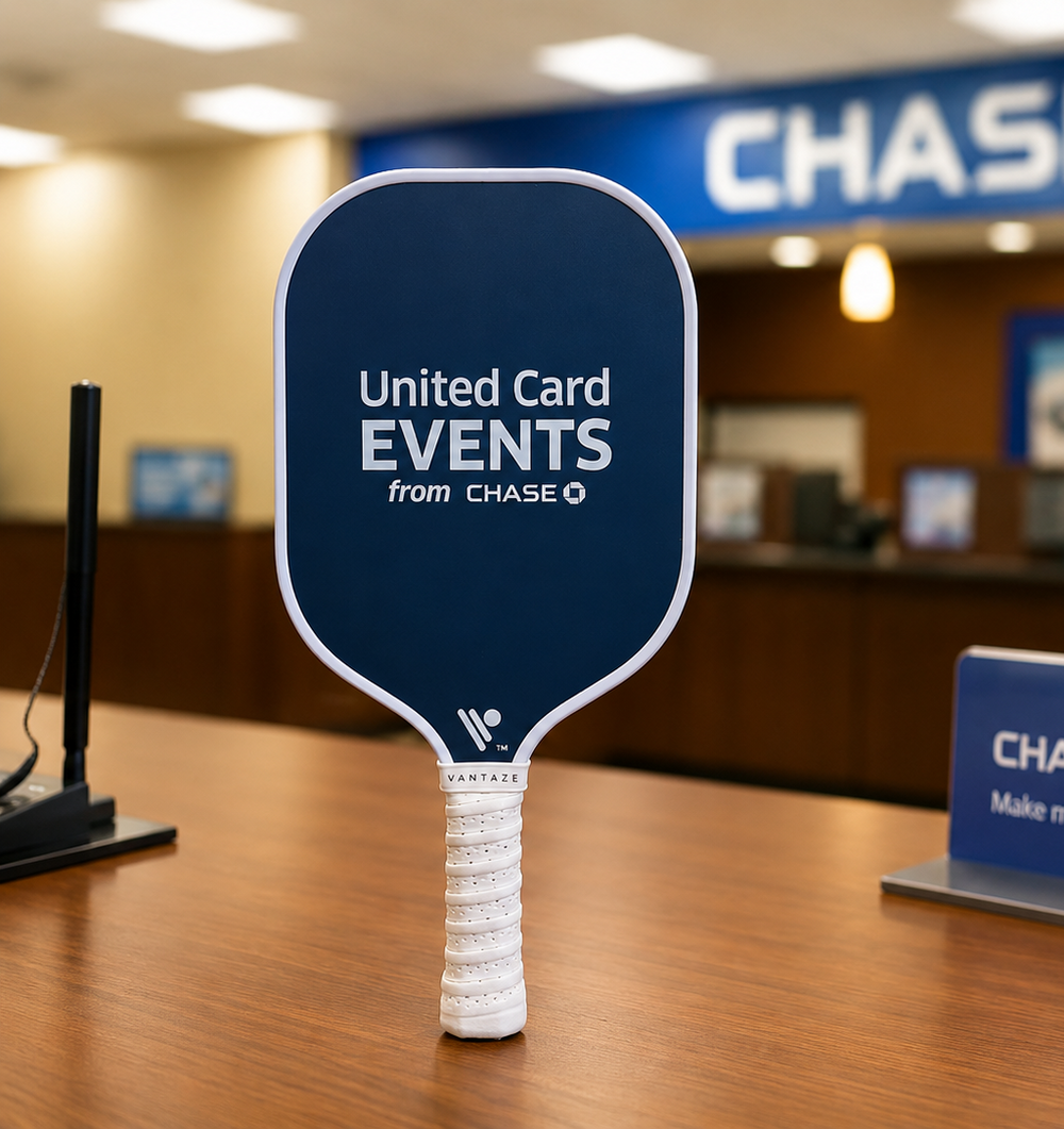 Custom Chase Bank pickleball paddle made by Vantaze for a financial services brand project