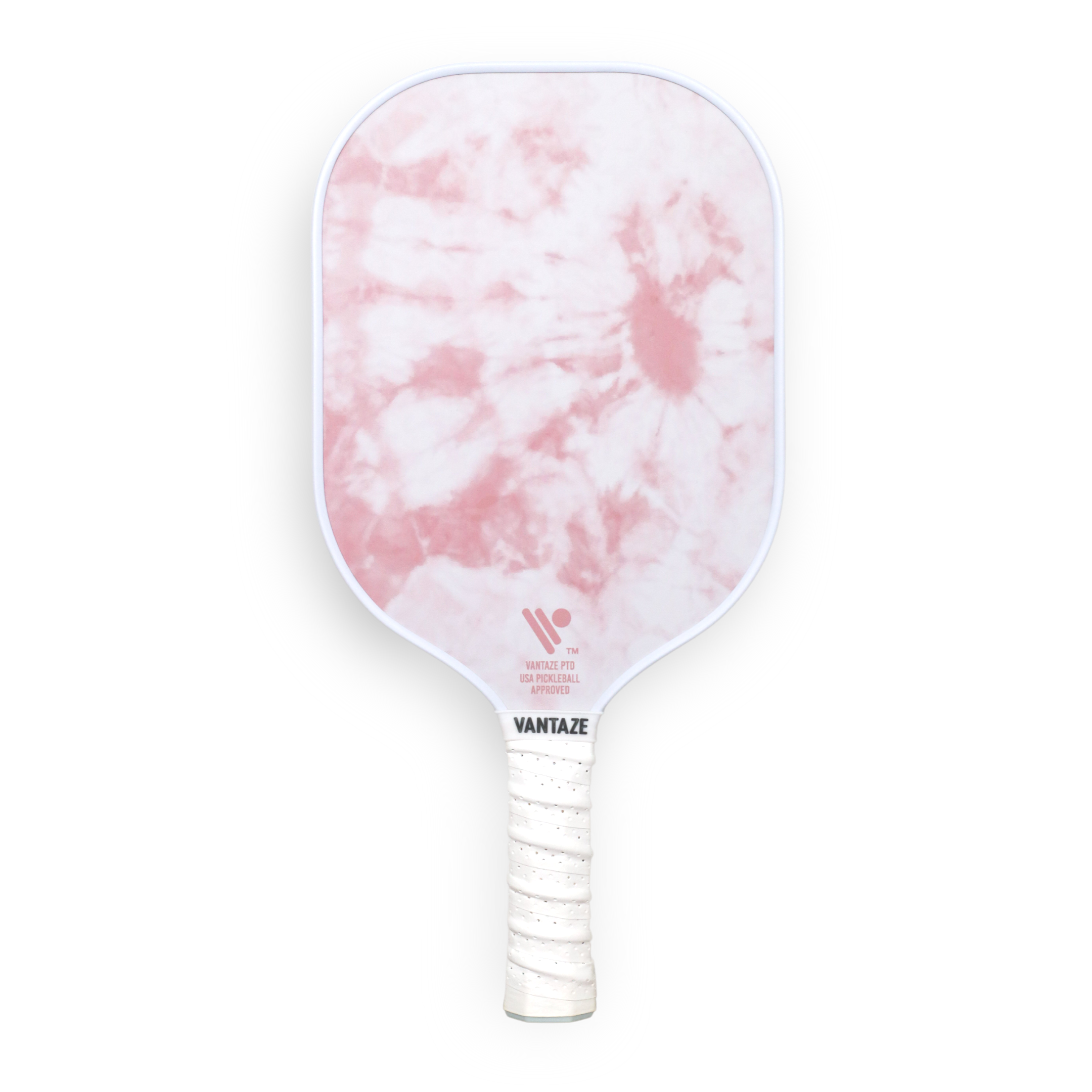 A Vantaze brand pickleball paddle with a pink and white marbled pattern on the face and a white grip on the handle.