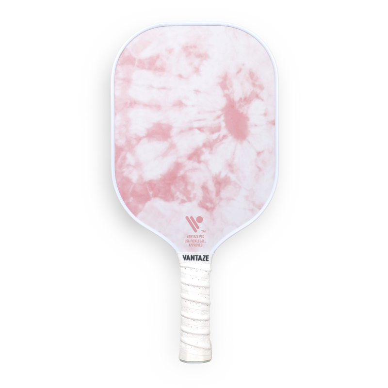 A Vantaze brand pickleball paddle with a pink and white marbled pattern on the face and a white grip on the handle.